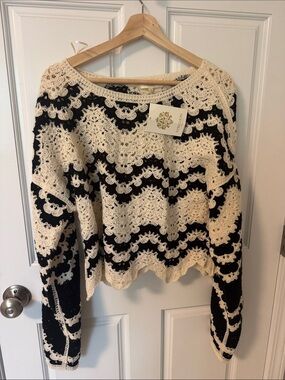 Rebellion Cream and Black Crochet Crewneck Sweater